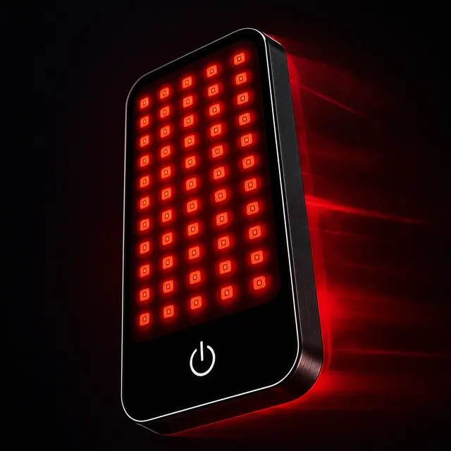 Deep Dose Solo red light therapy device illuminated against a dynamic red light trail