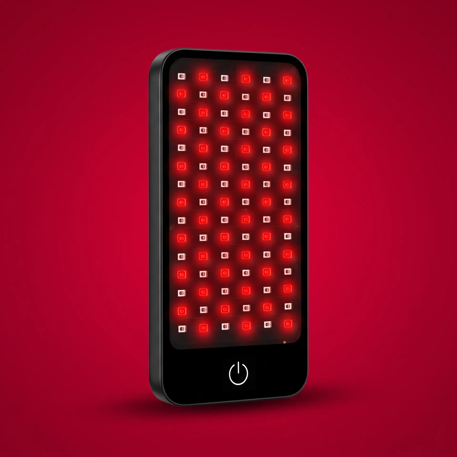 Deep Dose Solo handheld red light therapy panel with glowing 660nm and 850nm LEDs
