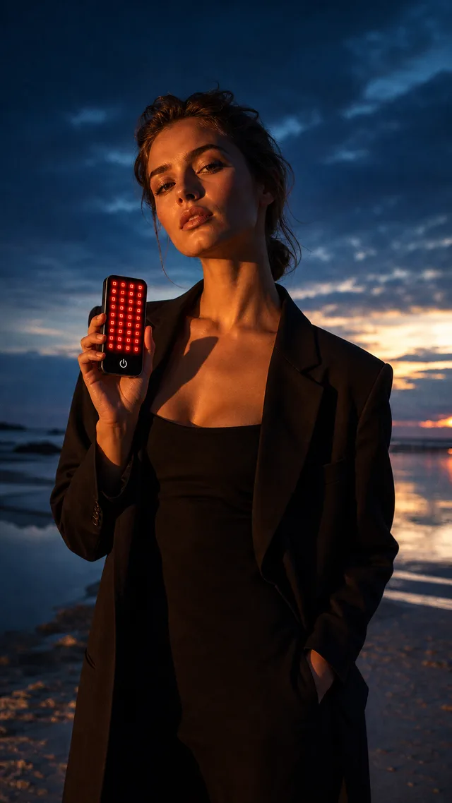 Woman holding the Deep Dose Solo, its red LEDs glowing, on a beach at dusk