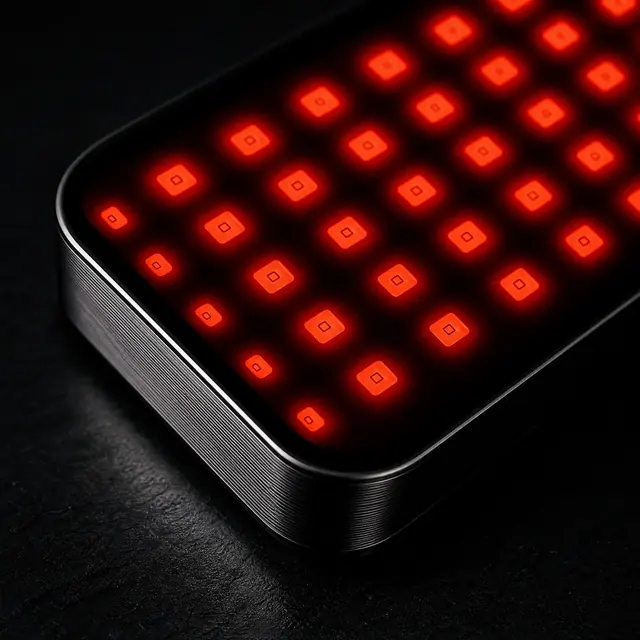 Close-up of the glowing dual-wavelength LED array on the Deep Dose Solo