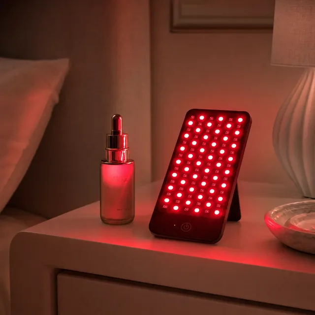 Deep Dose Solo glowing red on a bedside table next to a skincare serum during an evening wind-down routine
