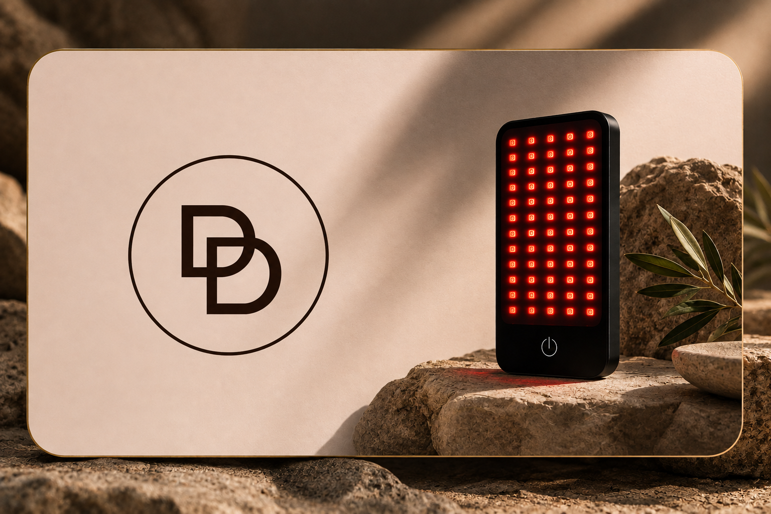 Deep Dose Solo red light device beside its Deep Dose branded card on a rocky surface