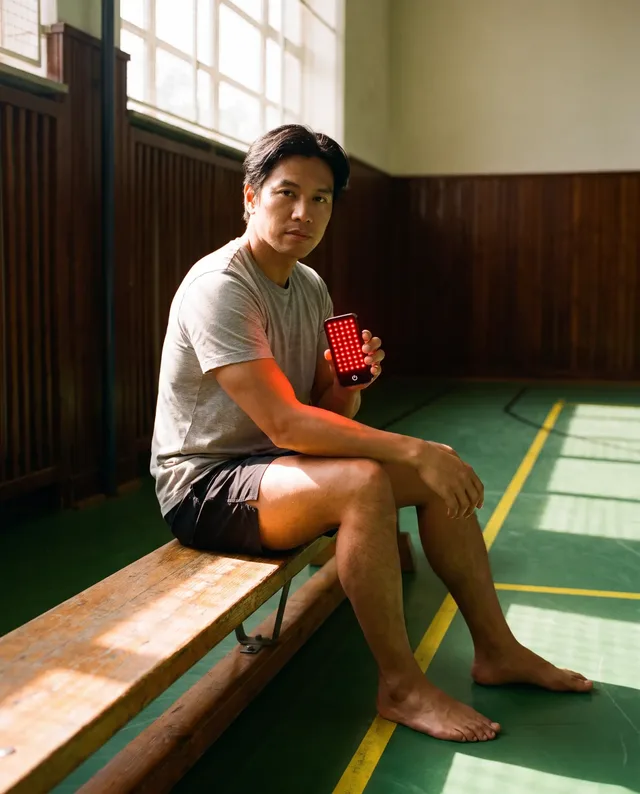 Man resting on a bench in a retro gym holding the illuminated Deep Dose Solo