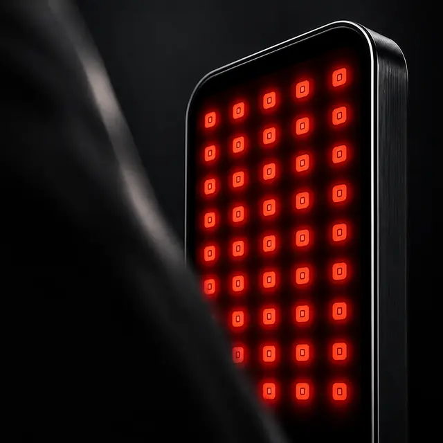 Slim side profile of the Deep Dose Solo with its red LED array illuminated