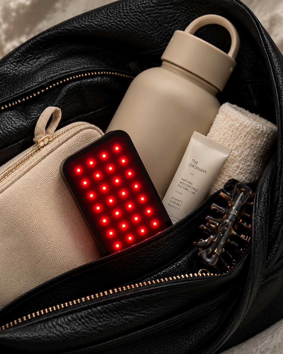Deep Dose Solo red light therapy device glowing inside a packed black handbag