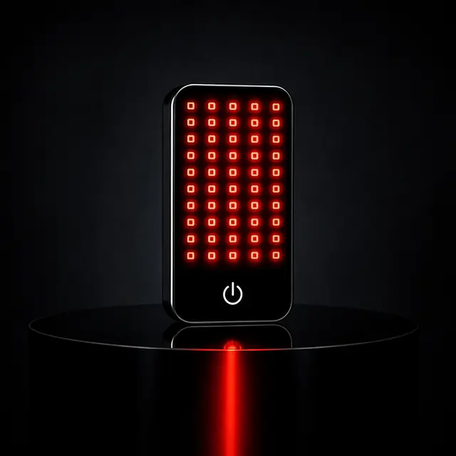 Deep Dose Solo handheld red light therapy device with its red and near-infrared LED array illuminated